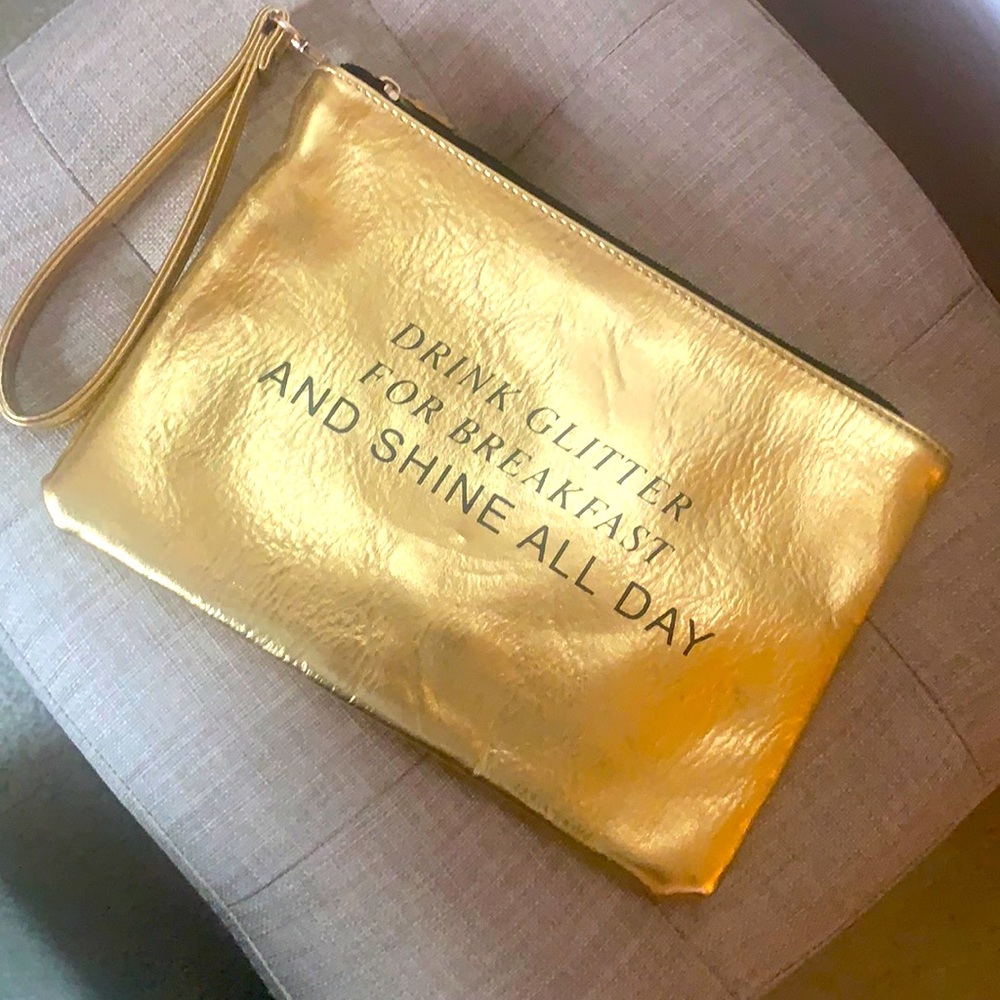 ‘DRINK GLITTER FOR BREAKFAST AND SHINE ALL DAY’ Gold Clutch Bag